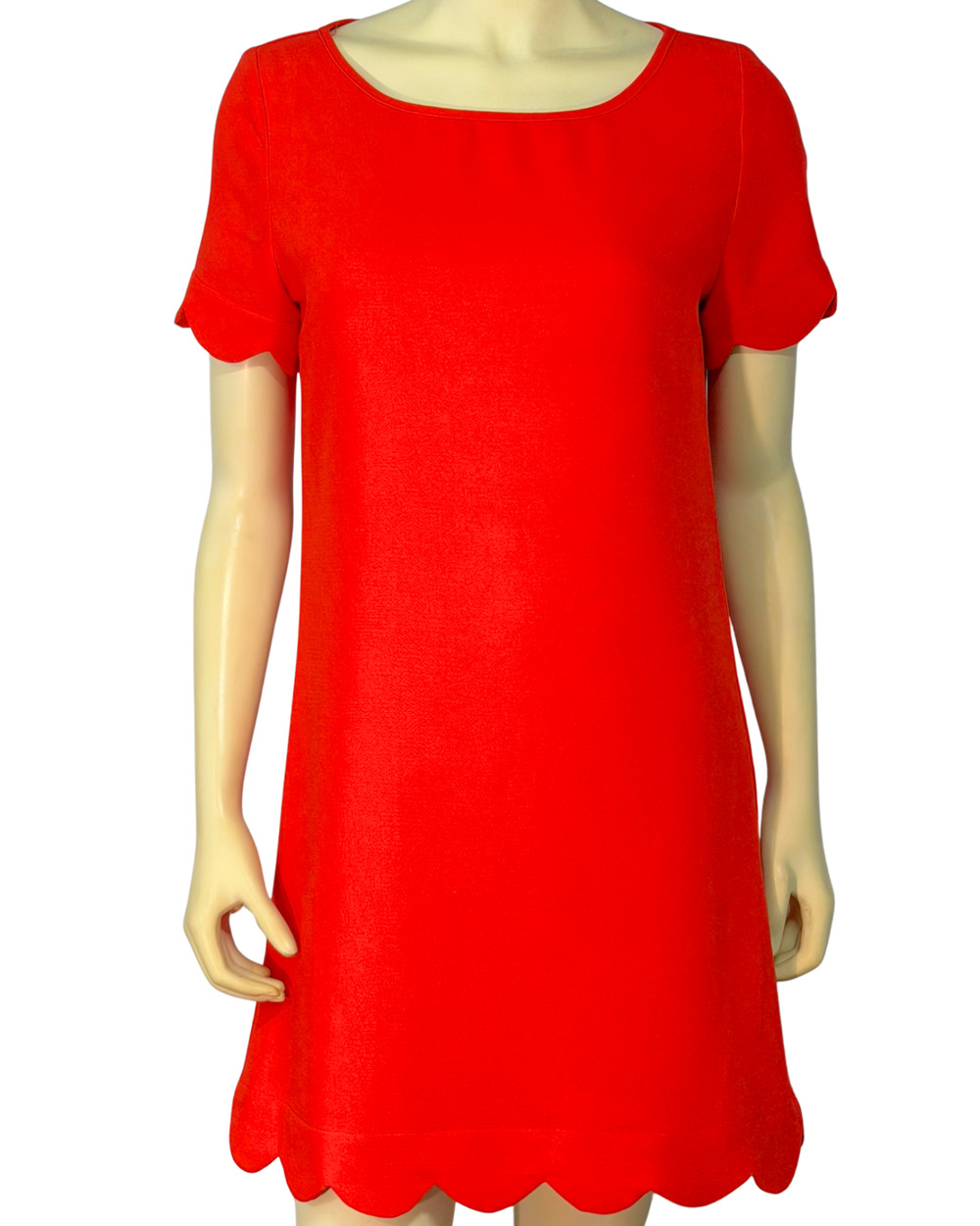 Story Sz M A-Line Mini Dress Scalloped Hem Short Sleeves Tomato Red Crepe Office
